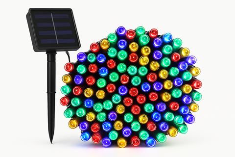 Colorful LED string lights with a solar panel on a white background