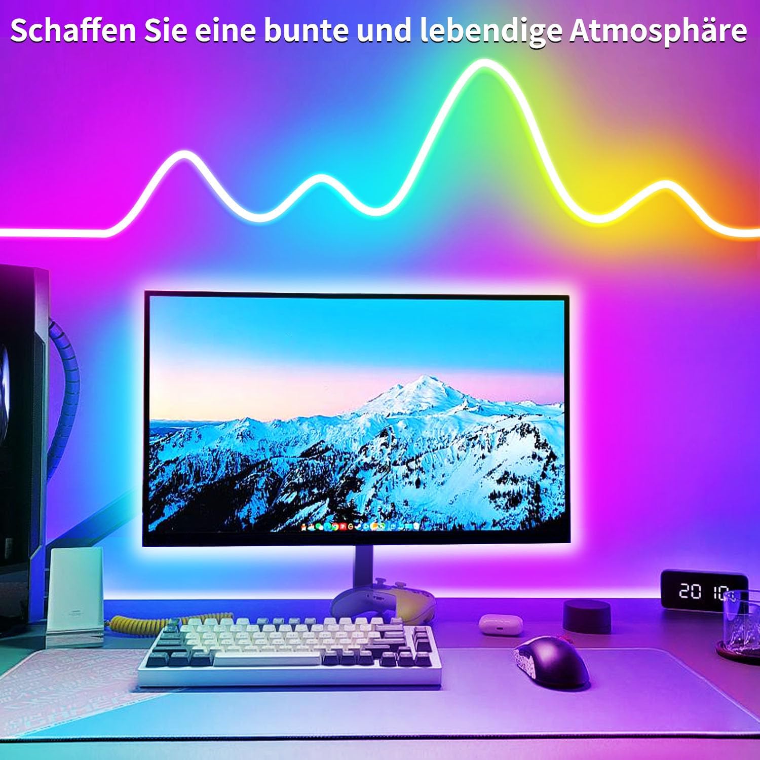 Colorful LED strip lighting in a room with a computer setup