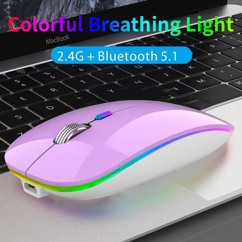 Colorful breathing light mouse on a laptop keyboard with text indicating wireless connectivity options.
