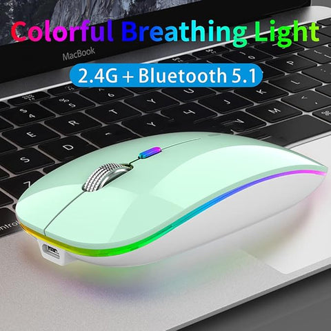 Colorful breathing light mouse on a laptop with text indicating wireless connectivity options.