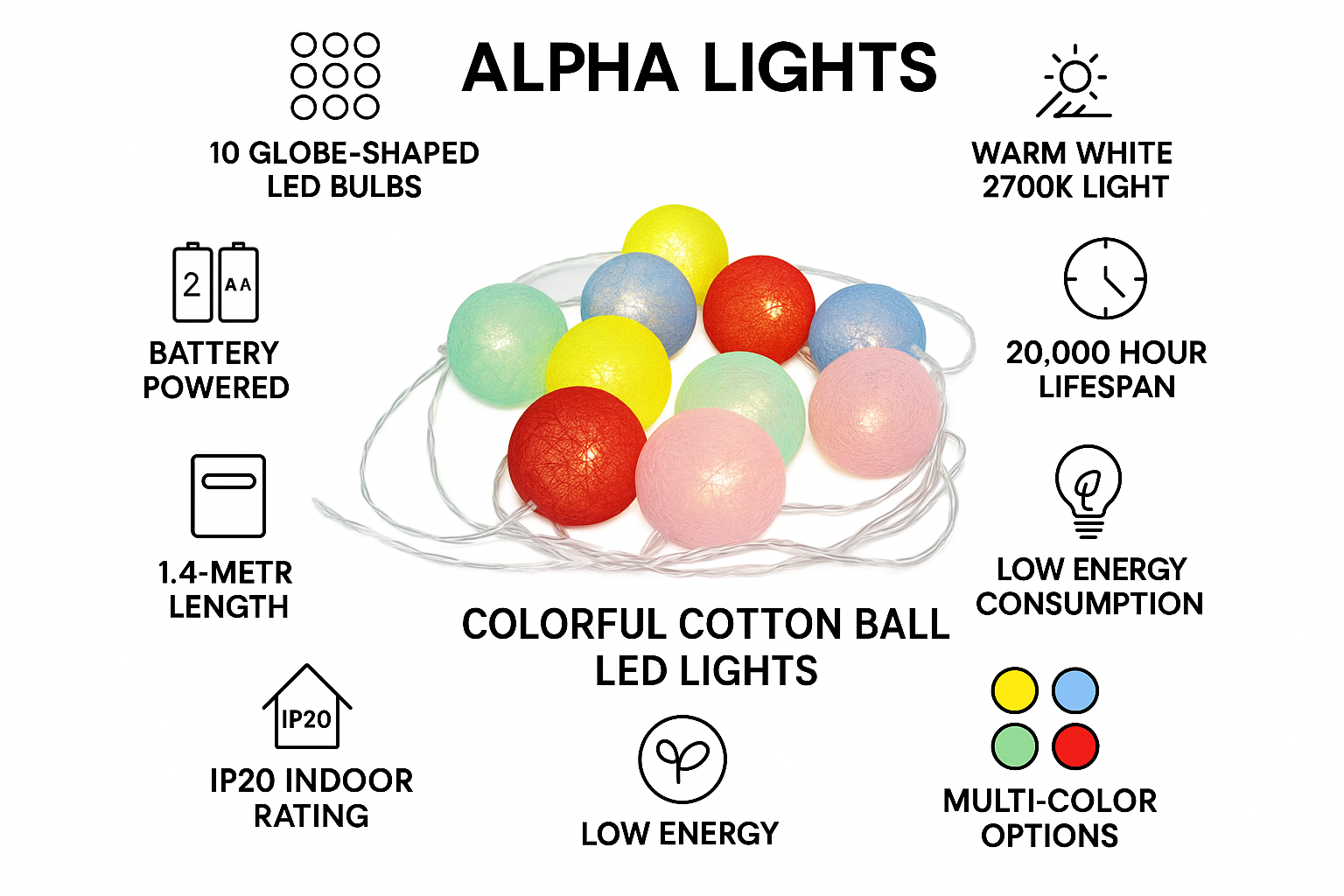 Colorful cotton ball LED lights with features listed on a white background
