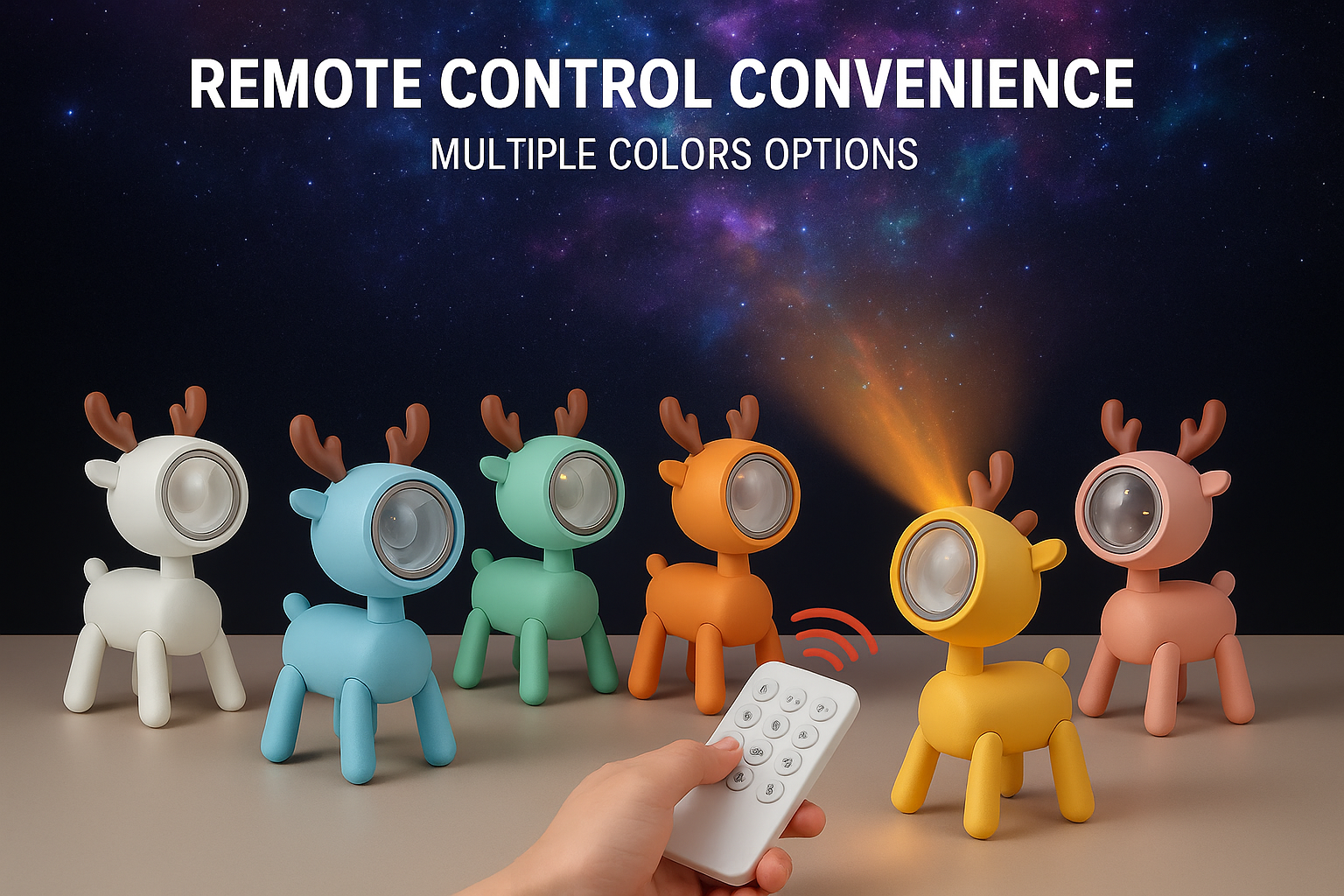 Colorful deer-shaped lights with remote control on a dark background
