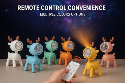 Colorful deer-shaped lights with remote control on a dark background