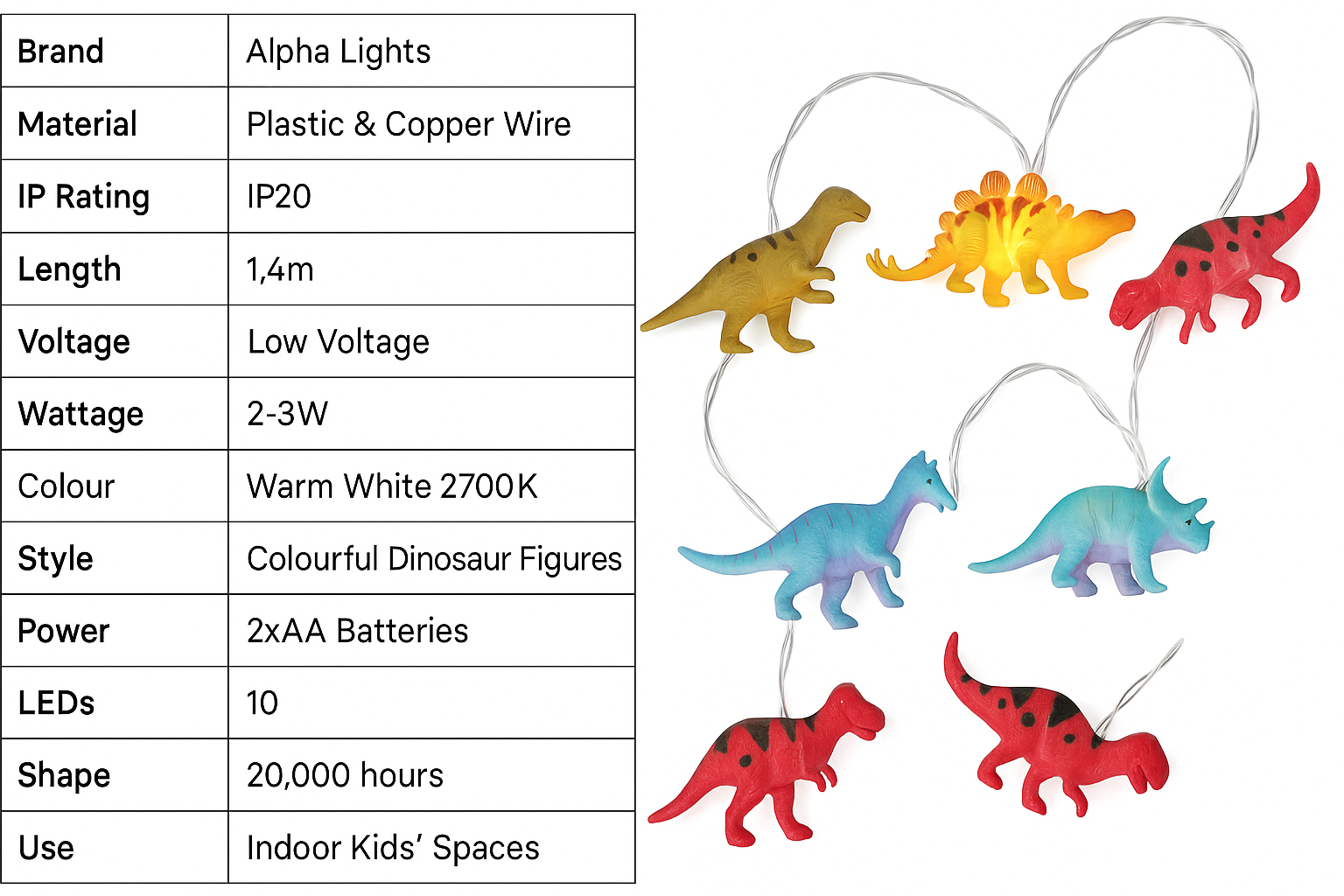 Colorful dinosaur-shaped string lights with specifications on a white background