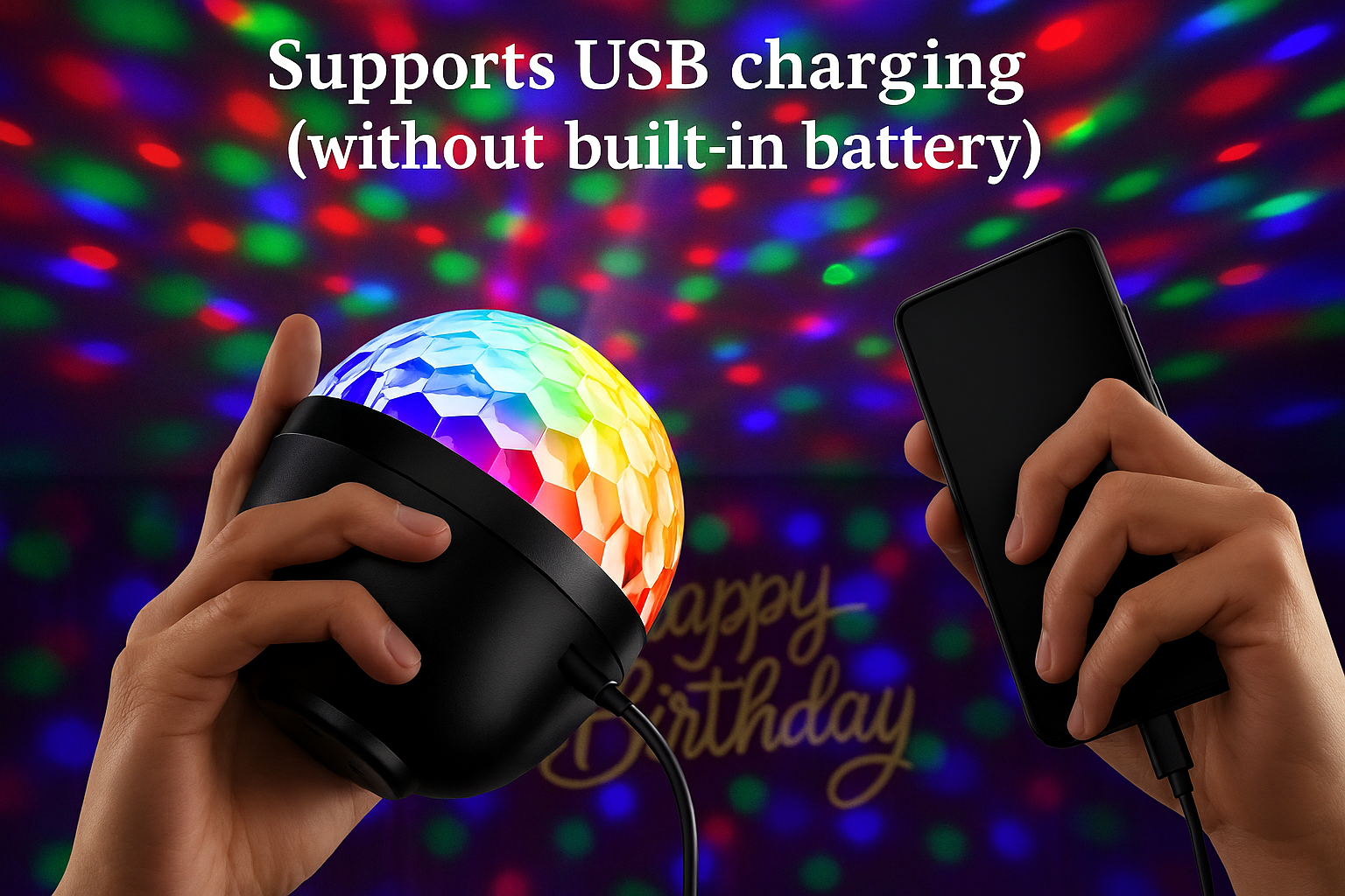 Colorful disco ball with USB charging cable and smartphone on a multicolored background