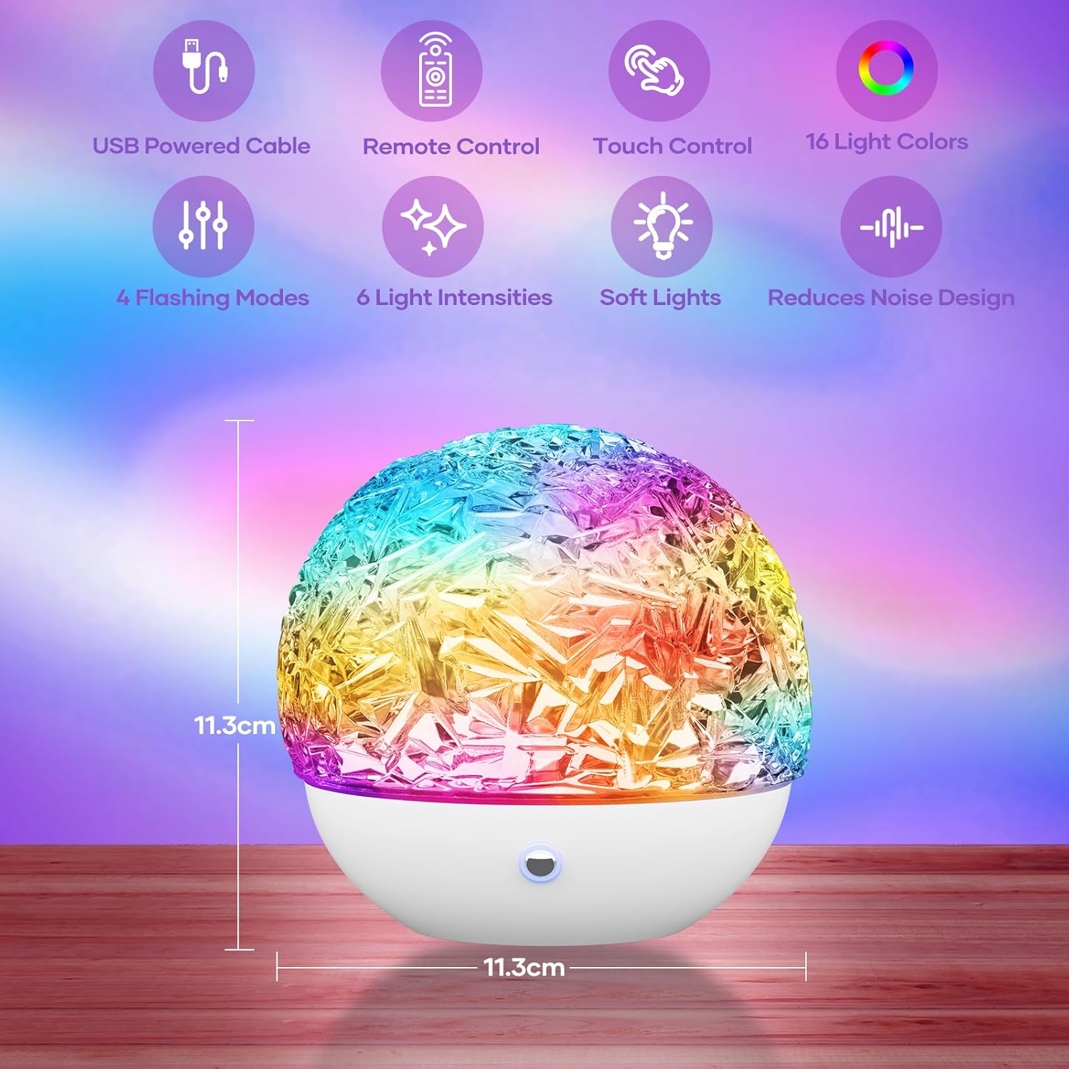Colorful light bulb with features listed on a gradient background