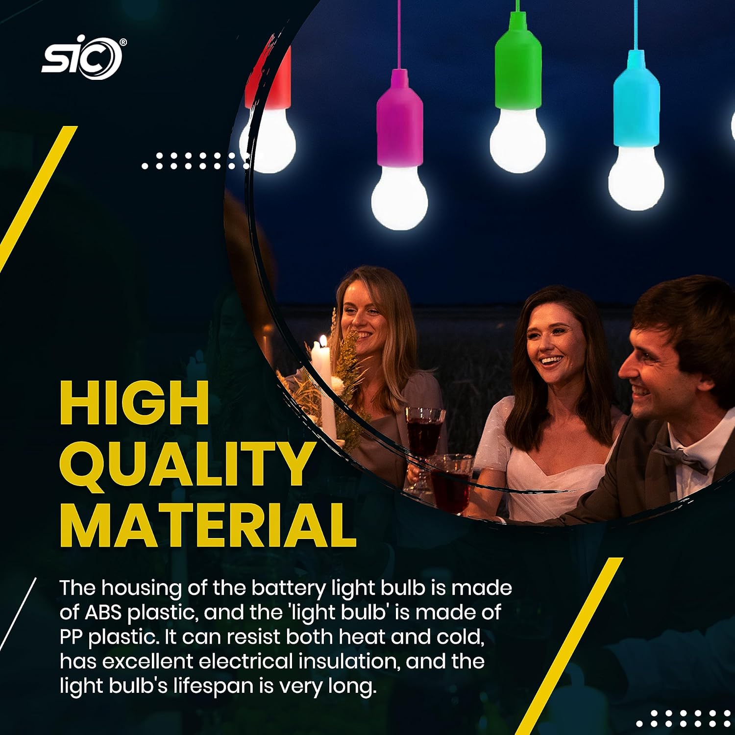Colorful light bulbs hanging above a group of people at night, with text about high-quality material.