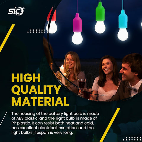 Colorful light bulbs hanging above a group of people at night, with text about high-quality material.