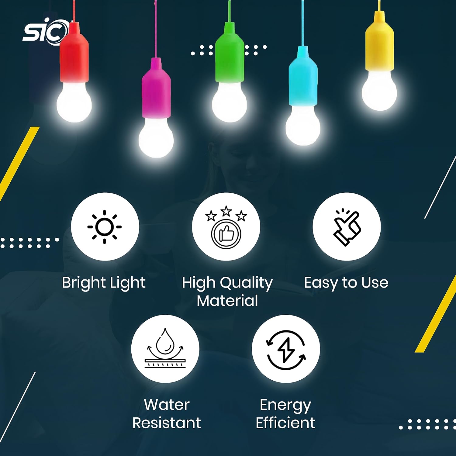 Colorful light bulbs with features on a dark background