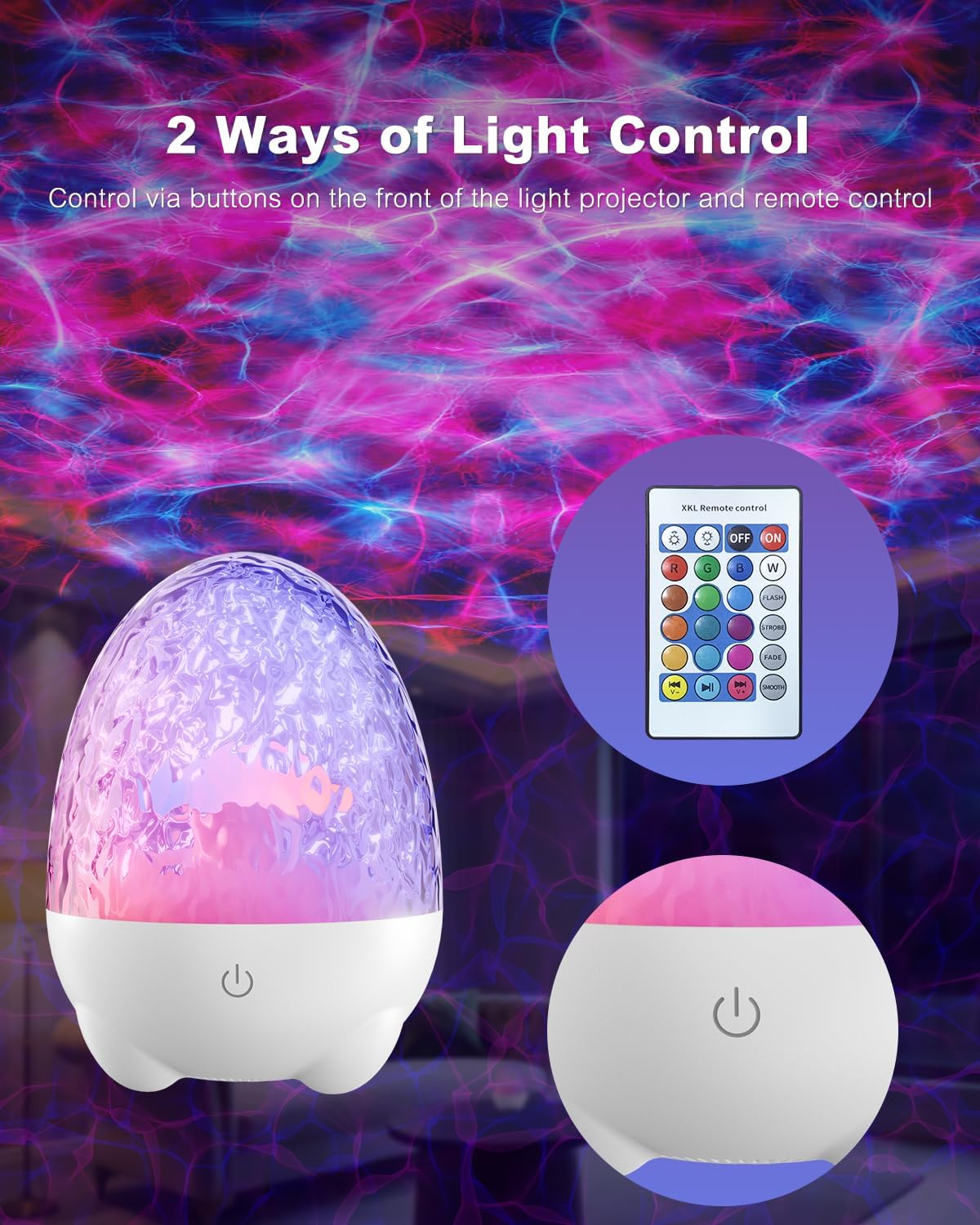 Colorful light projector with remote control and buttons on a dark background