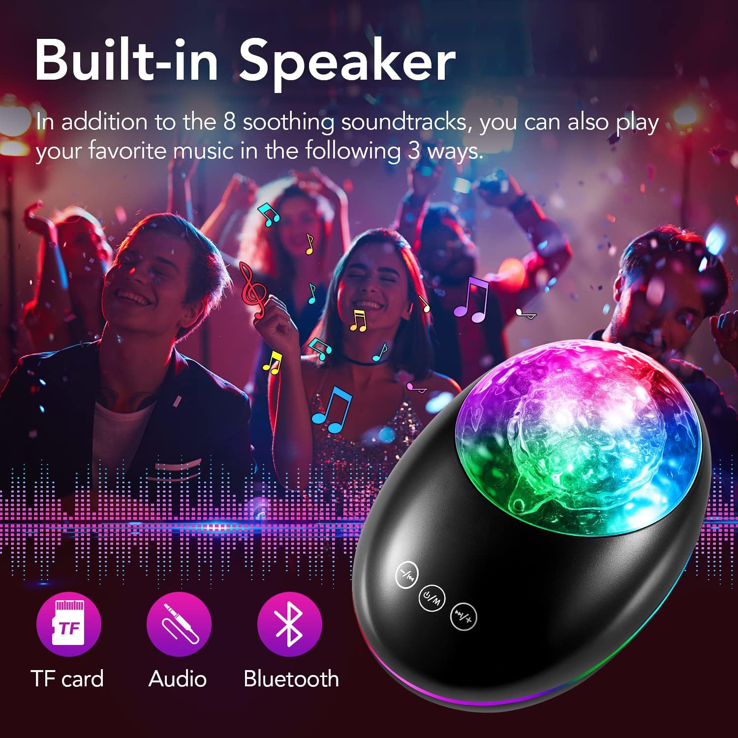Colorful light projector with text about built-in speaker and connectivity options, set against a party scene.