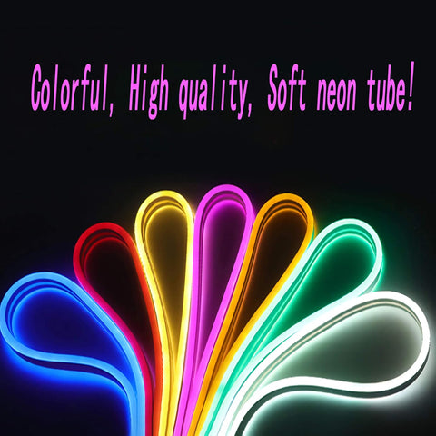 Colorful neon tubes arranged in a fan shape on a black background with text 'Colorful, High quality, Soft neon tube!'.
