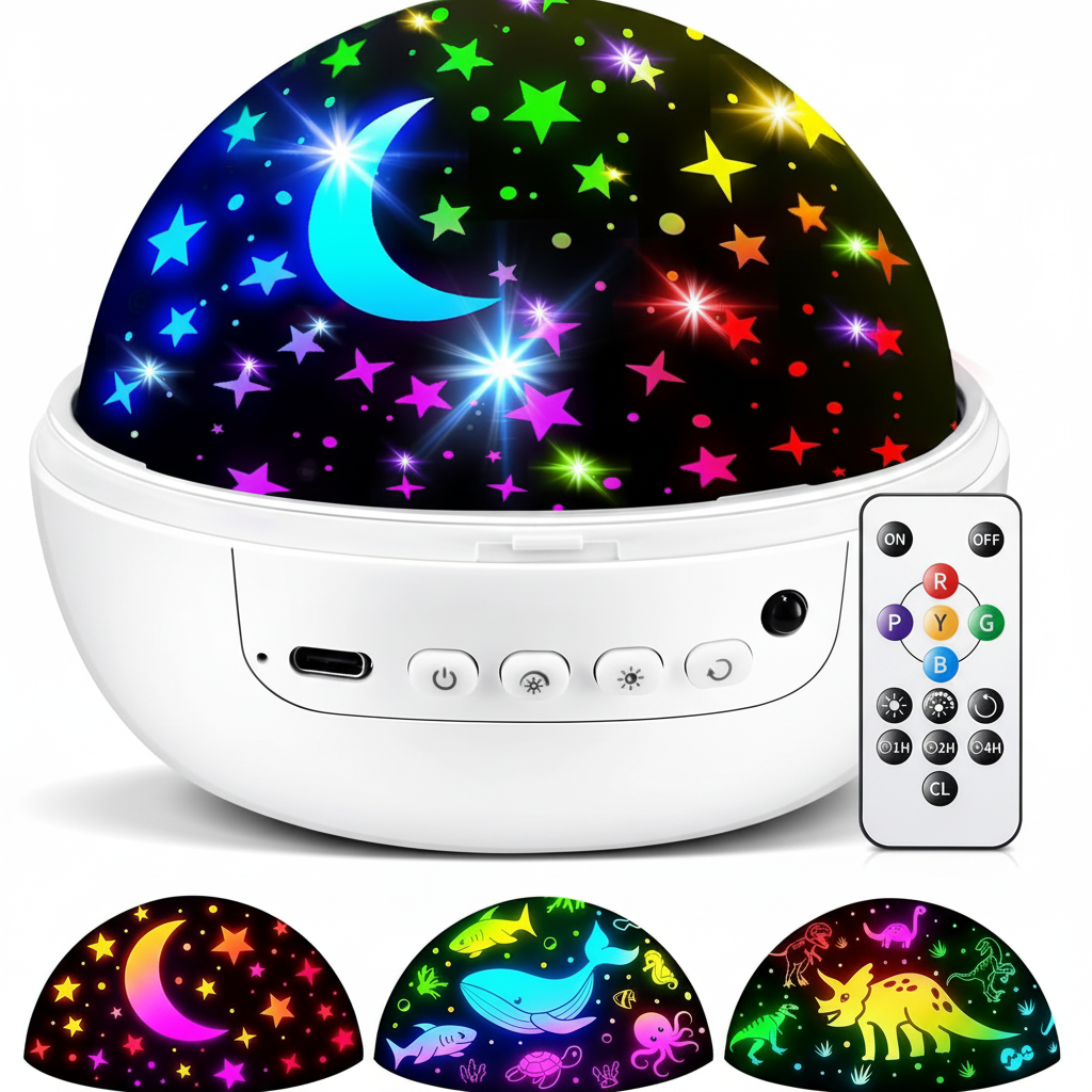 Colorful night light projector with remote control and LED lights on a white background