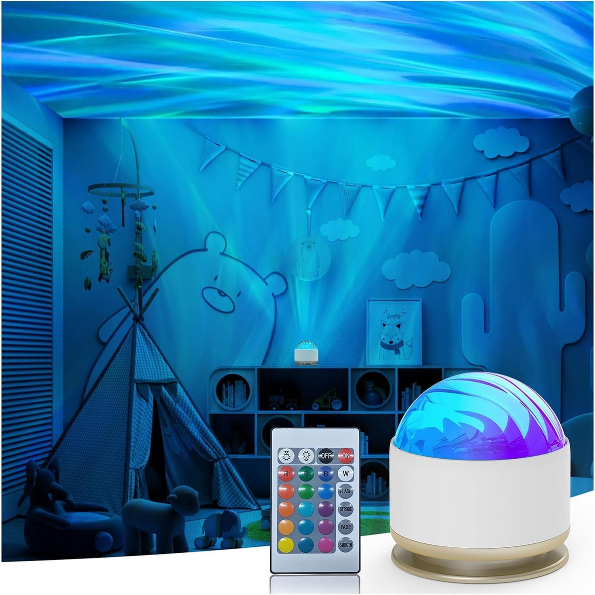 Colorful night light projector with remote control in a room setting