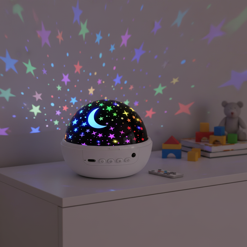 Colorful star projector on a shelf with toys and a teddy bear in the background