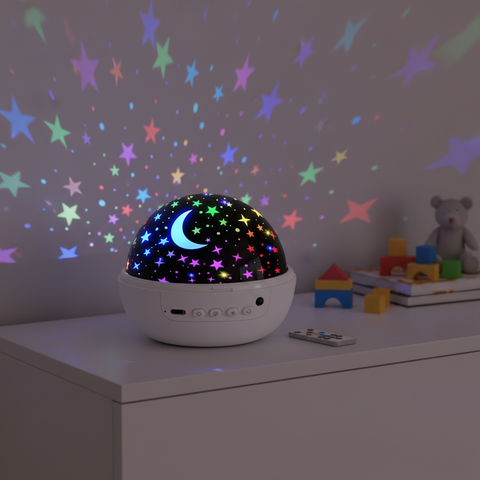 Colorful star projector on a shelf with toys and a teddy bear in the background
