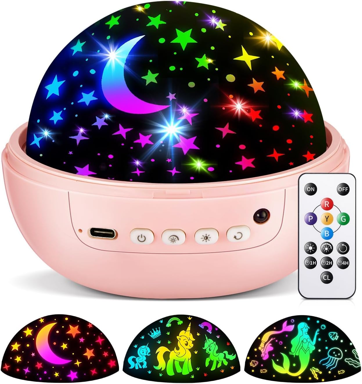 Colorful starry night light projector with remote control and sample designs displayed.