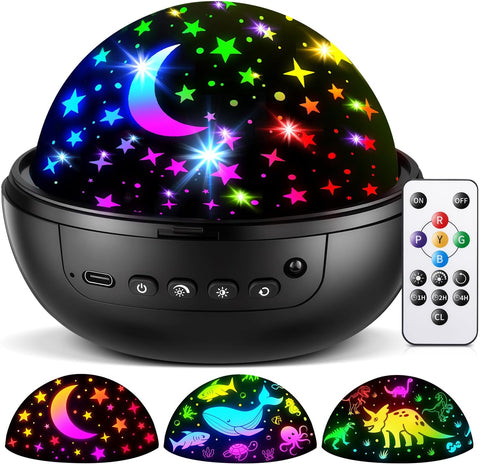 Colorful starry night light projector with remote control and sample projections.