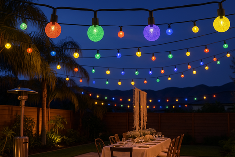 Colorful string lights above a dining table in a backyard setting at night.