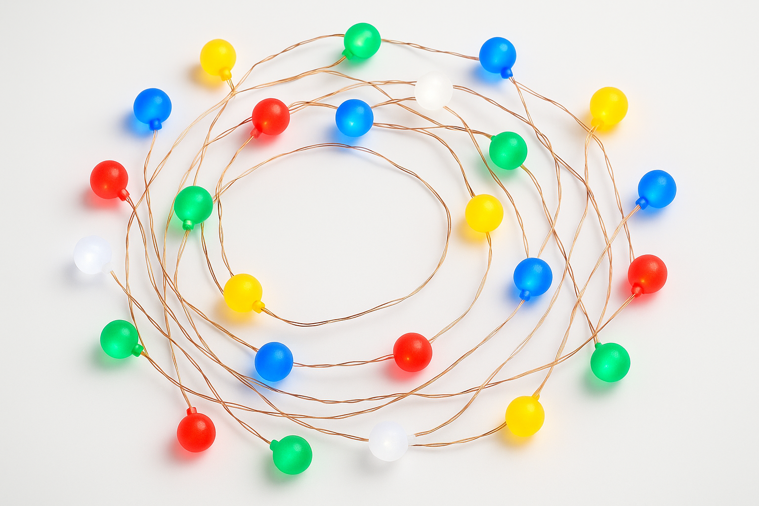 Colorful string lights arranged in a circular pattern on a white background
