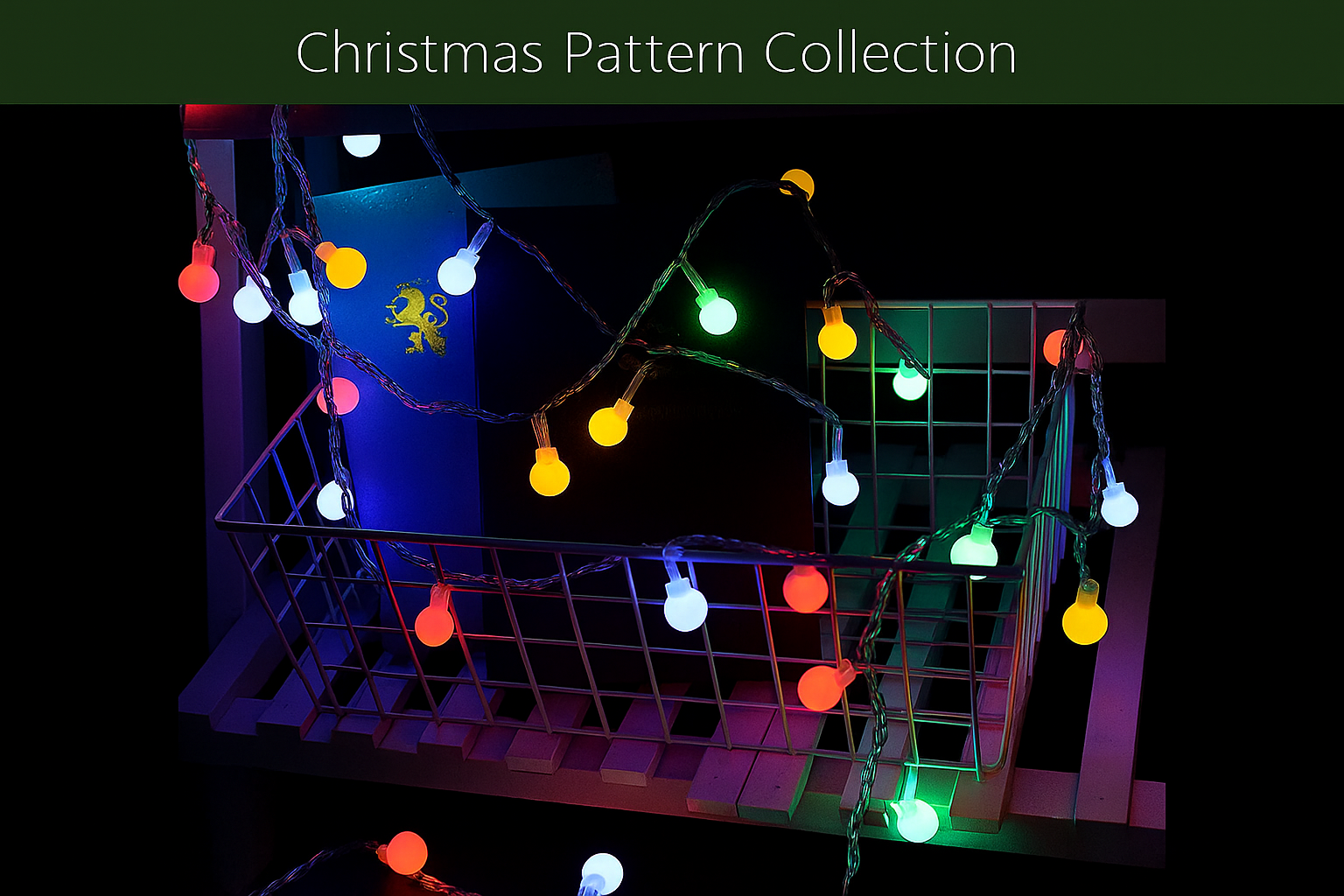 Colorful string lights on a dark background with 'Christmas Pattern Collection' text.