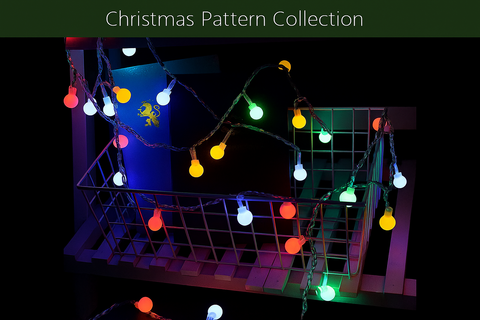 Colorful string lights on a dark background with 'Christmas Pattern Collection' text.