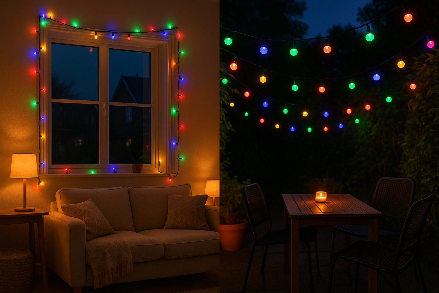 Colorful string lights on a window and outdoor furniture set with candles.