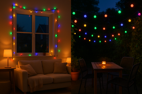 Colorful string lights on a window and outdoor furniture set with candles.