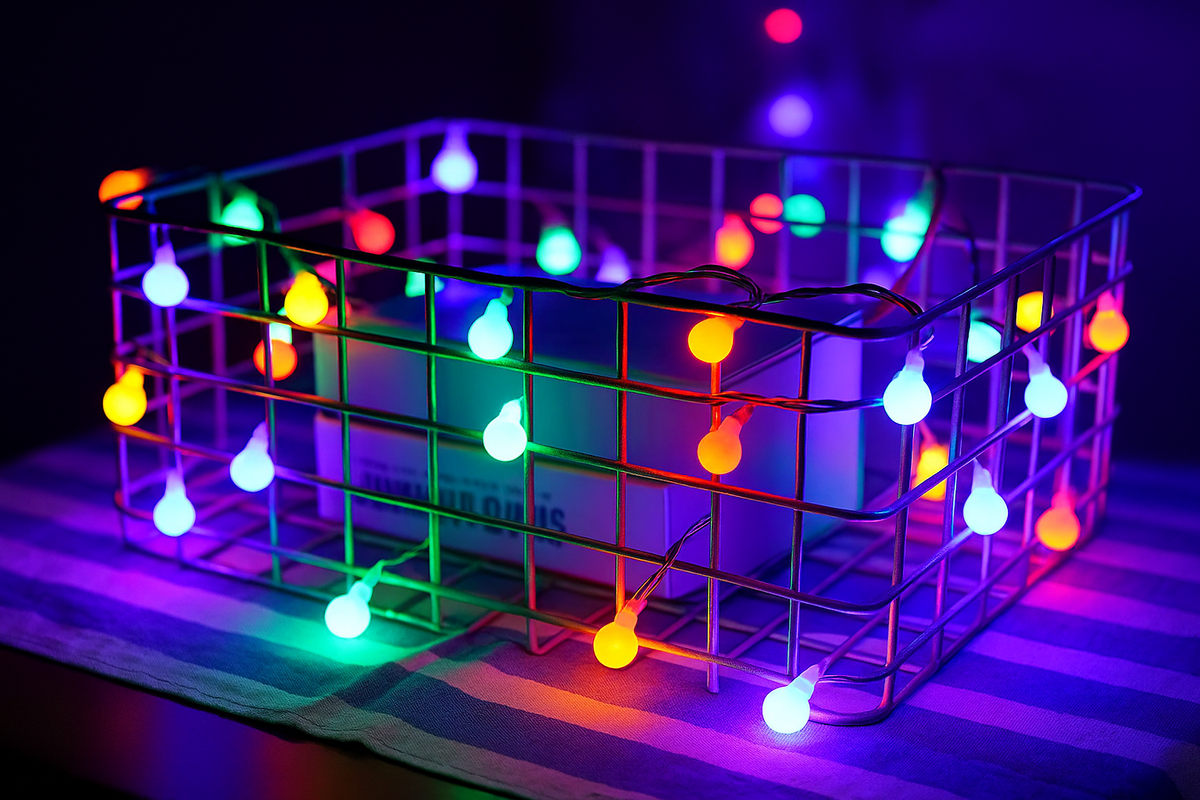 Colorful string lights on a wire basket against a dark background