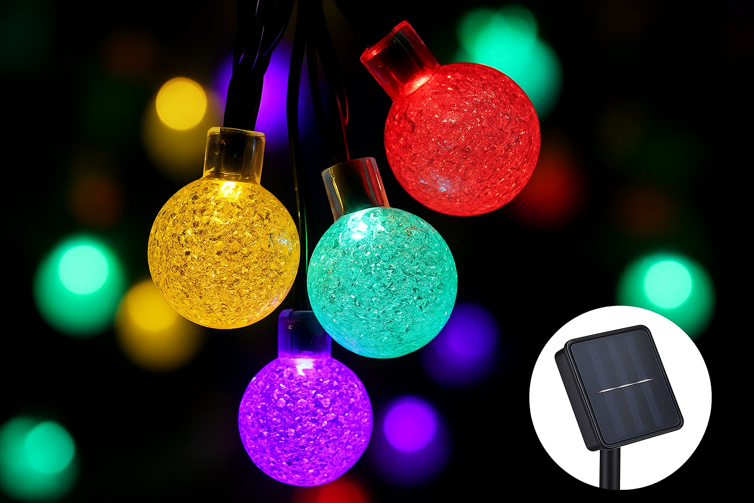 Colorful string lights with a solar panel attachment on a dark background