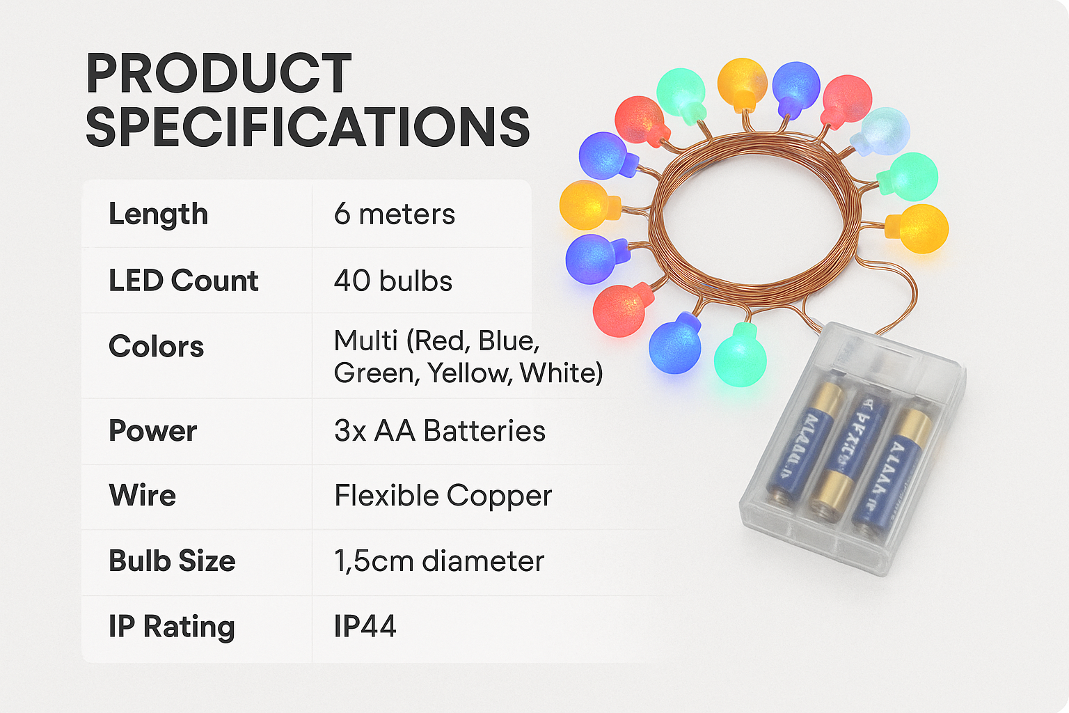 Colorful string lights with product specifications on a white background