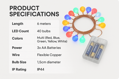 Colorful string lights with product specifications on a white background