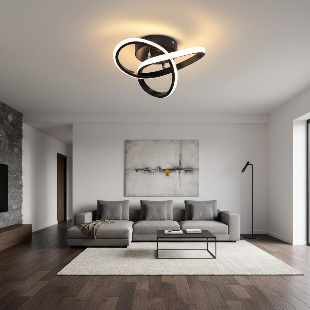 Modern living room with a ceiling light fixture, gray sectional sofa, and abstract painting.
