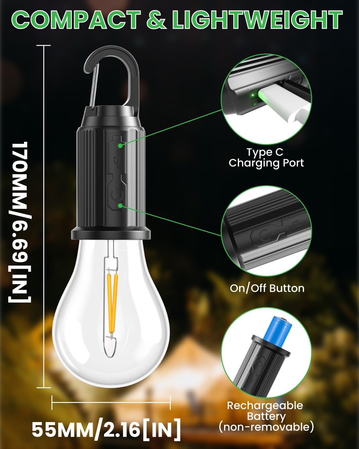 Compact and lightweight light bulb with charging port, on/off button, and rechargeable battery on a dark background.