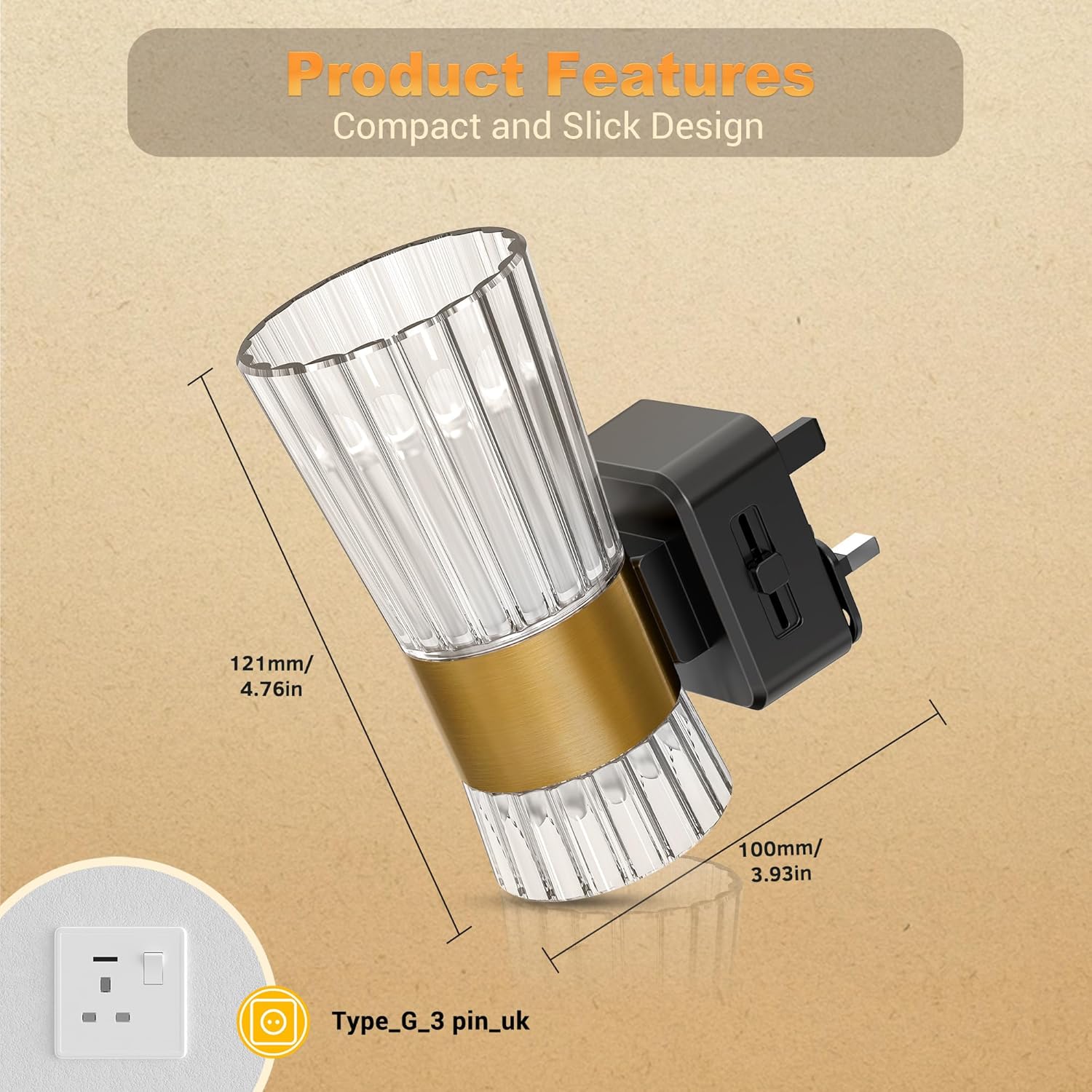 Compact light bulb with plug on a beige background, showing product features.