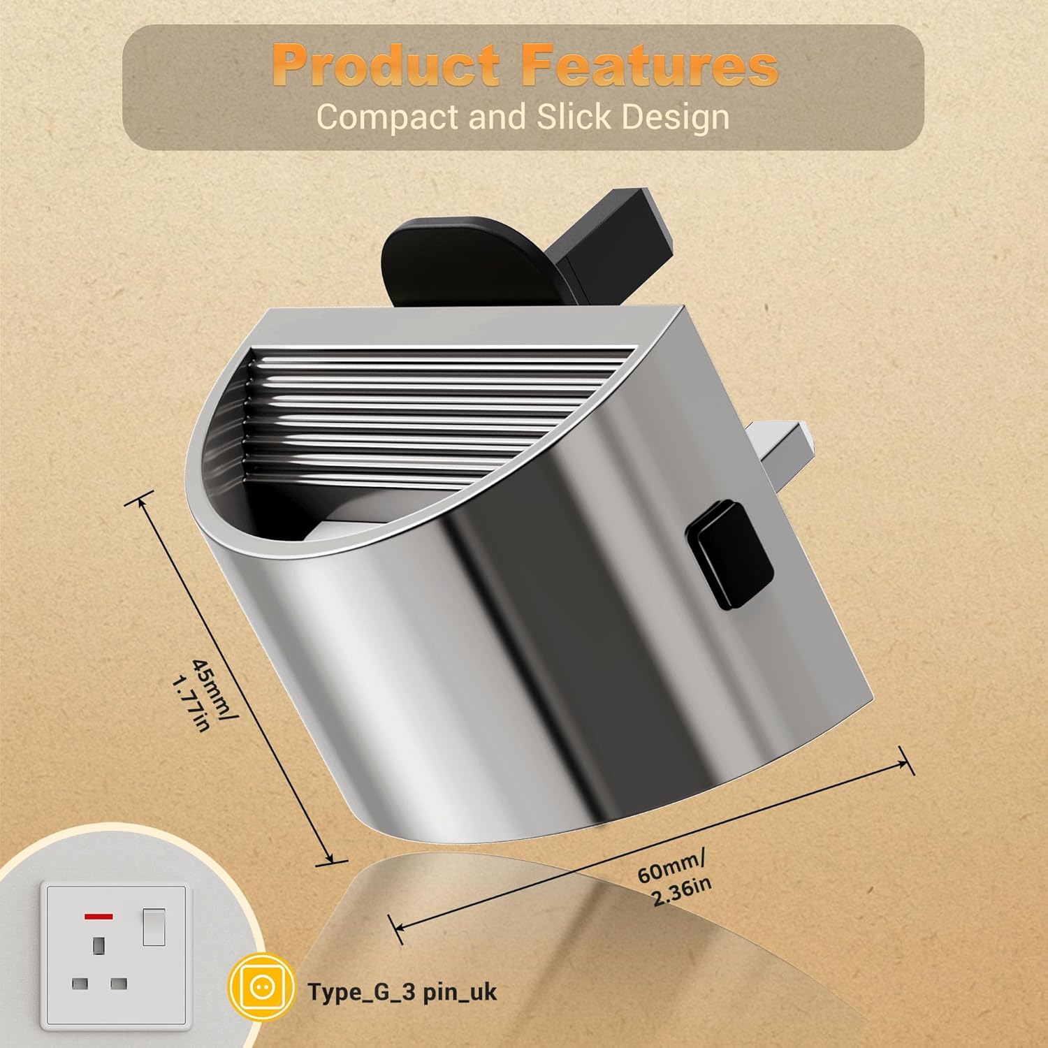 Compact metal adapter with dimensions and features on a beige background