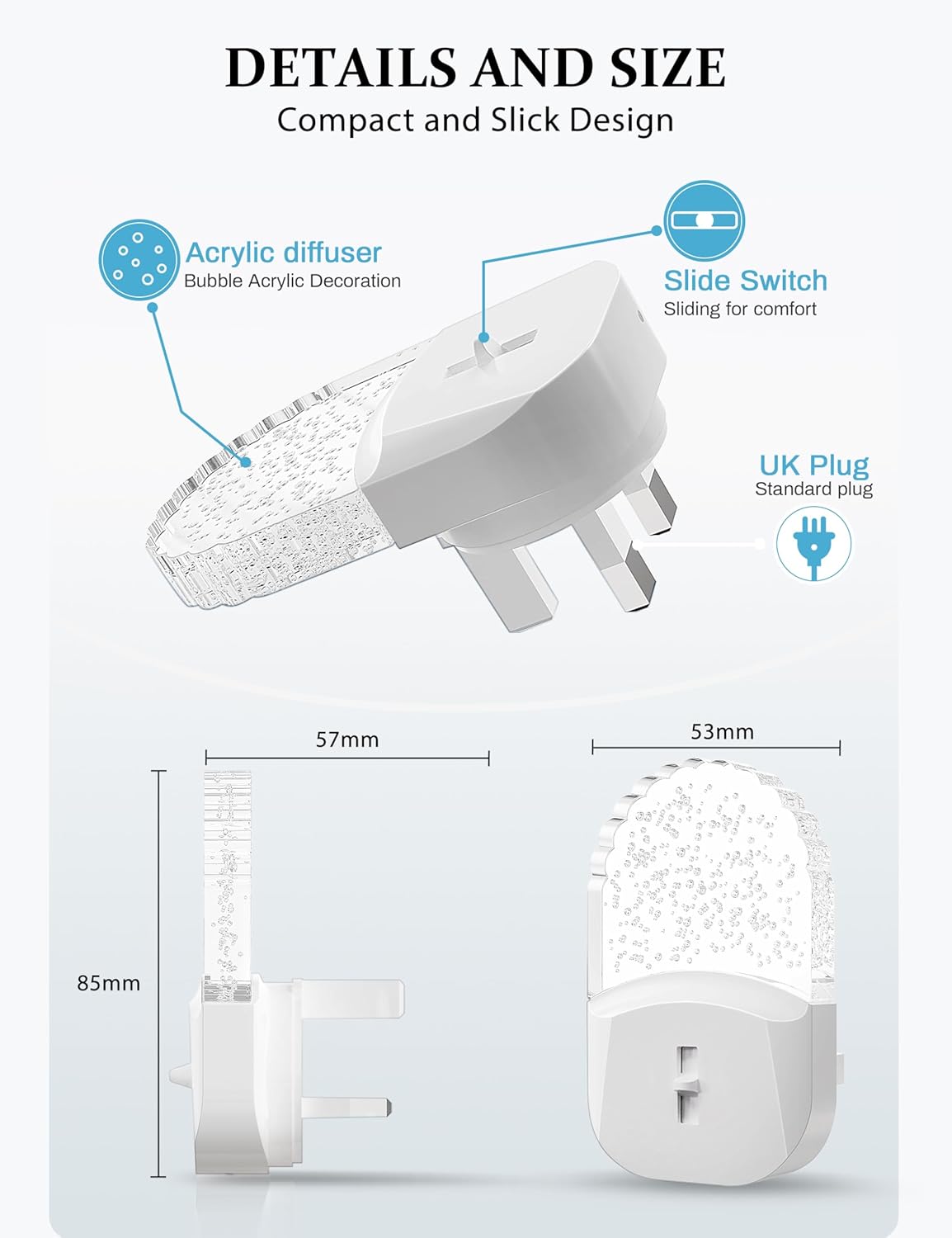 Compact night light with acrylic diffuser and slide switch, featuring dimensions on a white background.