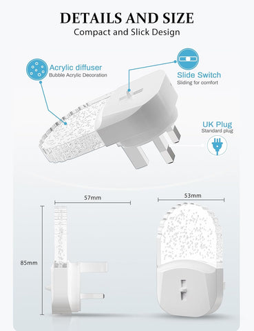 Compact night light with acrylic diffuser and slide switch, featuring dimensions on a white background.