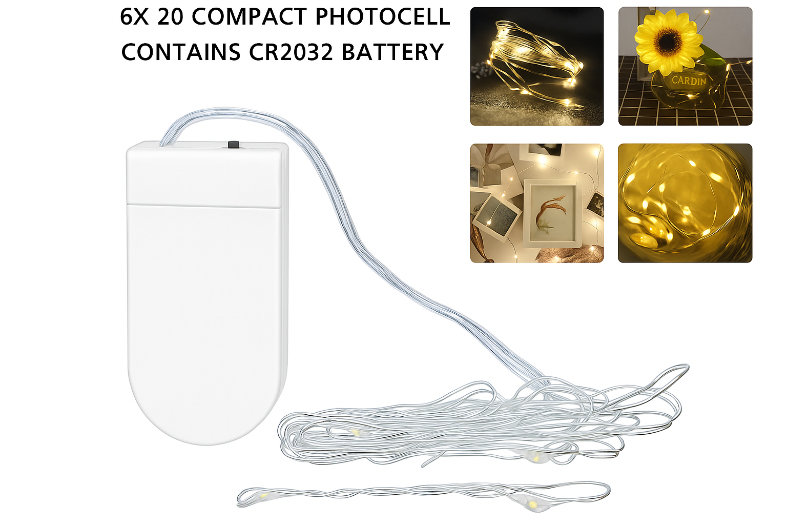 Compact photocell with battery and string lights on a white background