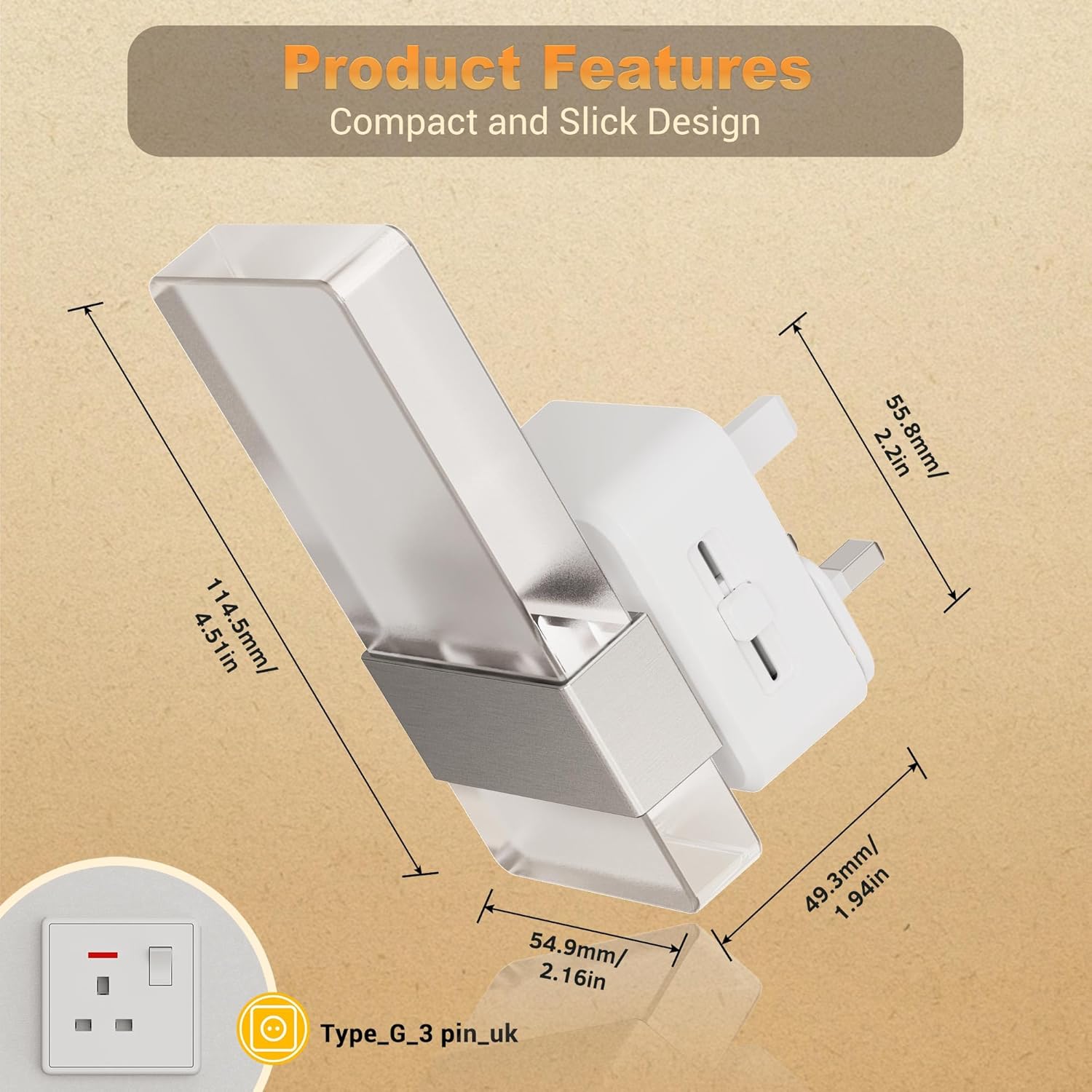 Compact wall socket with dimensions on a beige background
