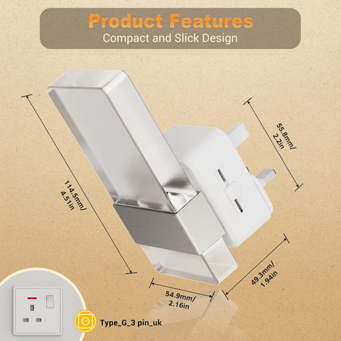 Compact wall socket with dimensions on a beige background