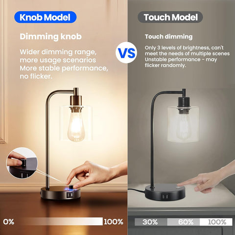 Comparison between knob and touch dimming models of a lamp with text and visual indicators.
