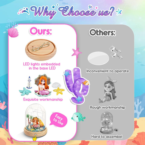 Comparison chart between 'Ours' and 'Others' with mermaid figurines and LED lights on a colorful background.