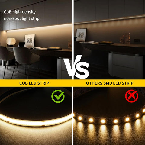 Comparison of CoB high-density non-spot light strip versus others SMD LED strip in a room setting.