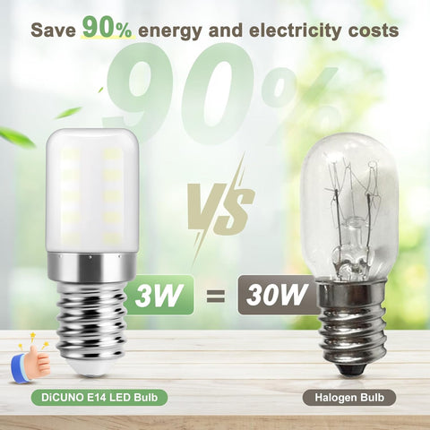 Comparison of DiCUNO E14 LED bulb and halogen bulb with energy savings text on a blurred green background.