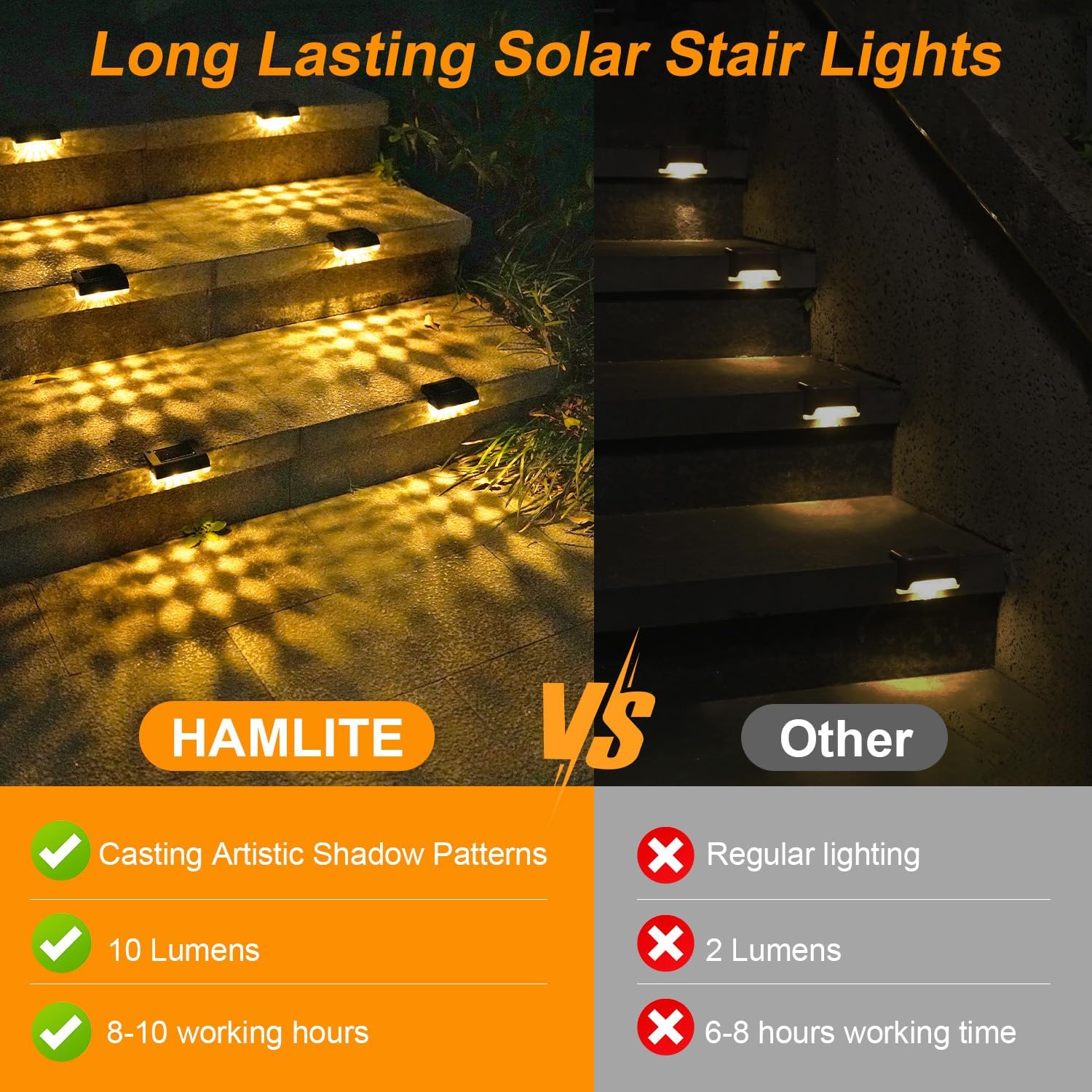 Comparison of Hamlite solar stair lights with other lights on stairs.