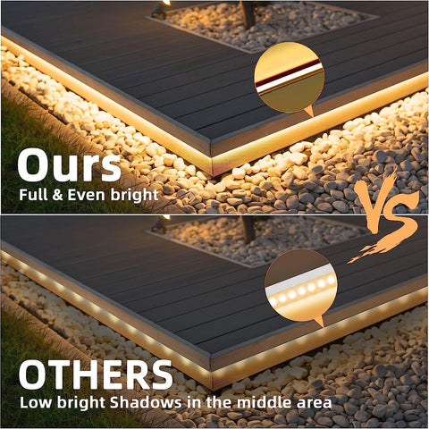 Comparison of LED strip lights on a wooden deck with 'Ours' being full and even bright, and 'Others' having low brightness in the middle area.