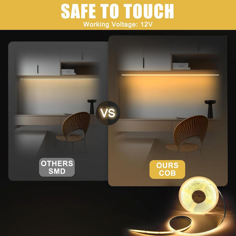 Comparison of LED strip lights with 'Others' SMD and 'Ours' COB, highlighting safety and working voltage.