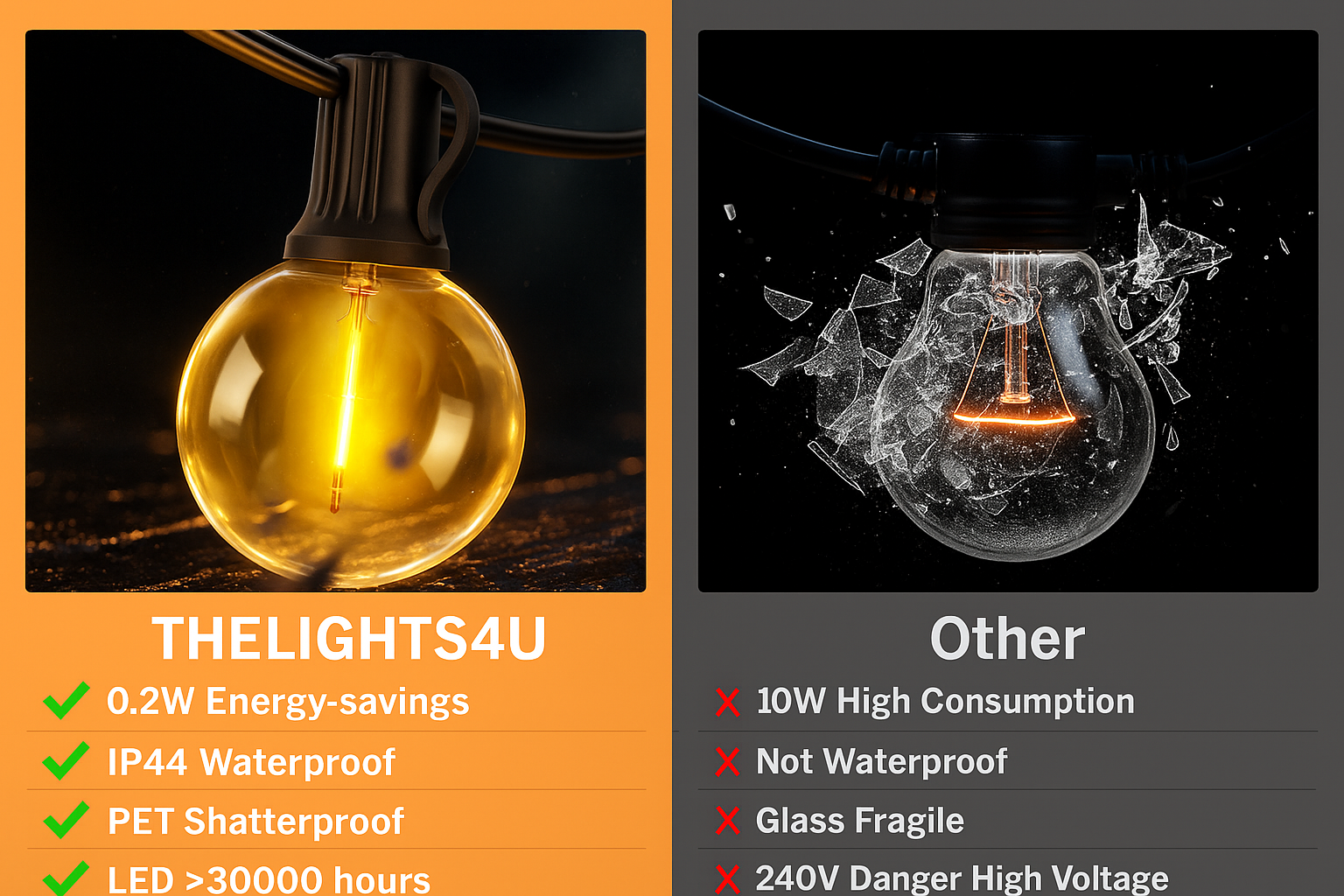 Comparison of a THELIGHTS4U LED light bulb and a broken light bulb with specifications listed.