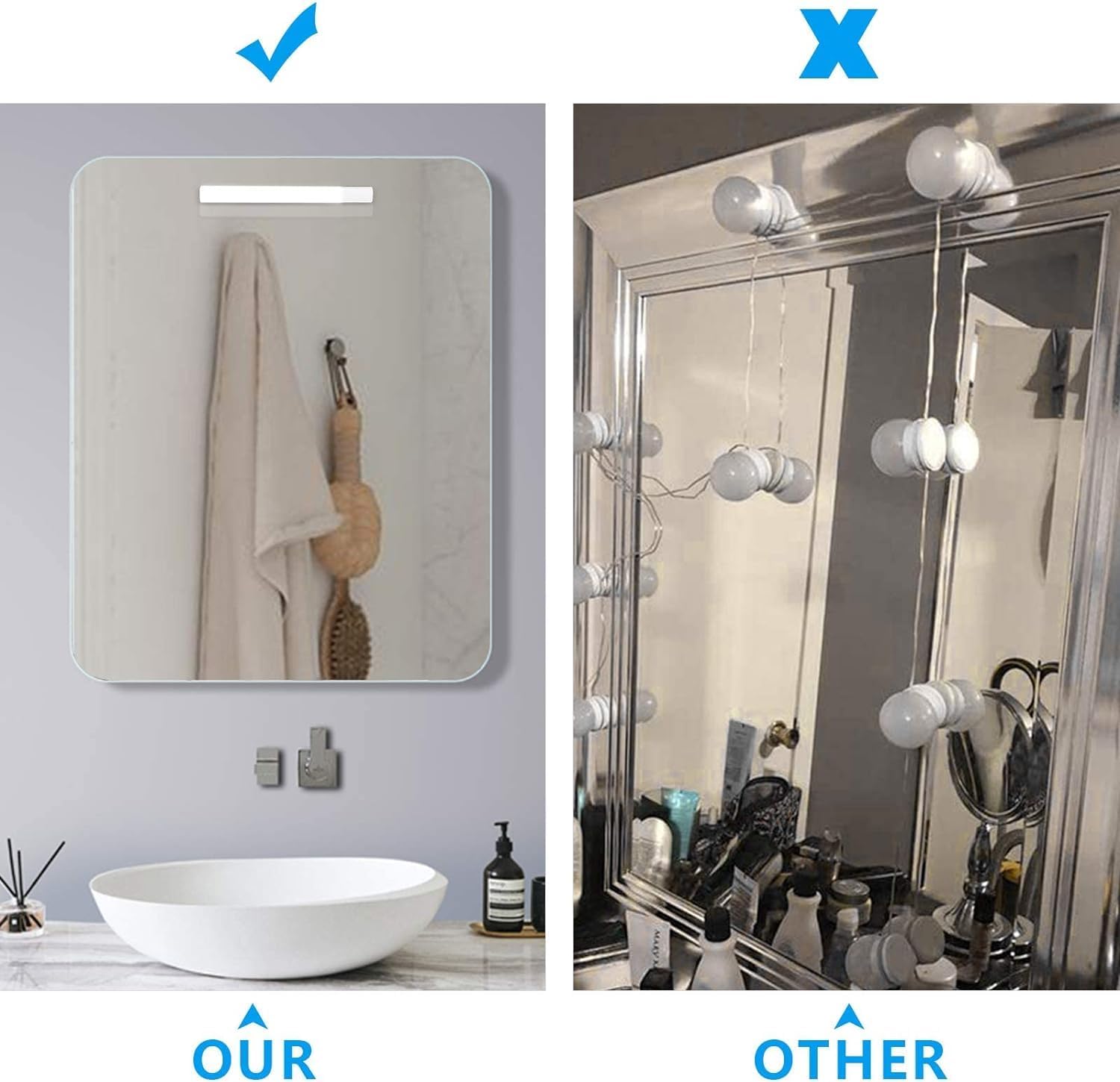 Comparison of a bathroom setup with and without decorative elements.